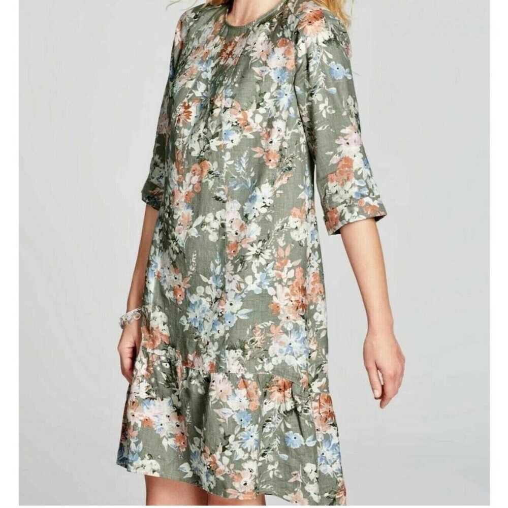 J. Jill Love Linen Floral Shift Dress Green Coral Pink Ruffle Hem Pockets L